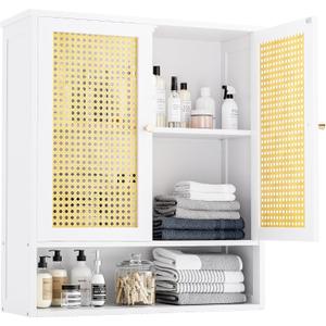 Bathroom Wall Cabinet, Bamboo Over-The-Toilet Storage Organizer with 2 Rattan Doors and Adjustable Shelf, Space Saver Medicine Cabinet for Laundry, Kitchen, Living Room (White)