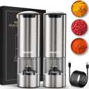 EUHOMY 2 Pack Electric Salt and Pepper Grinder Set USB Rechargeable with LED Light and BaseAdjustable Coarseness, Stainless Steel Automatic Salt Pepper Mill Grinder, One Handed Operation, Kitchen