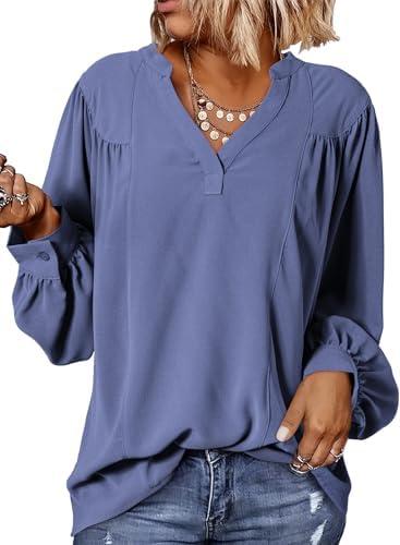 Dokotoo Womens Blouses Tops for Women Trendy V Neck Smocked Blouses for Women Dressy Casual Long Sleeve Shirts for Women, M, Blue
