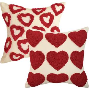 AVOIN colorlife Valentine's Day Love Heart Beige Red Throw Pillow Covers Set of 2, 18 x 18 Inch Anniversary Wedding Home Decor Couple Present Valentine Gift Cushion Case for Home Sofa Couch