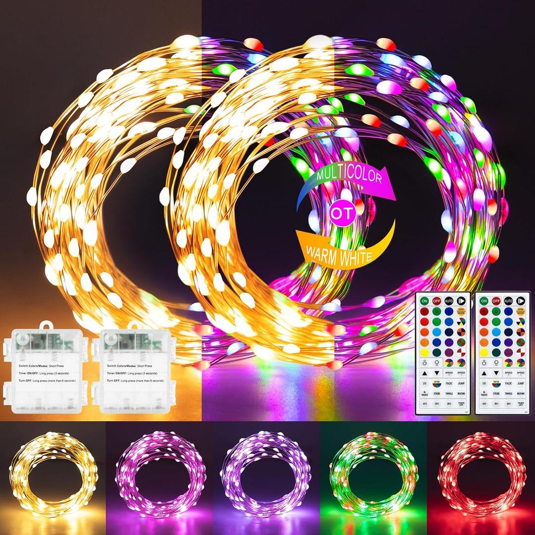2 Pack Fairy Lights Battery Operated, 66Ft 200 LED RGB Color Changing & 2700K Warm White Twinkle Lights with 150 Scence Modes Silver Wire Mini Light for Bedroom Garden Wedding Decor