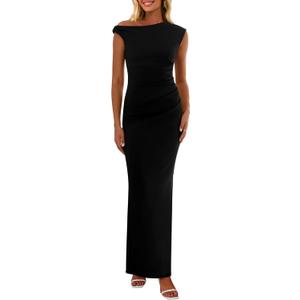 PRETTYGARDEN Women's 2026 Summer Formal Maxi Dresses Sleeveless One Shoulder Bodycon Ruched Mesh Wedding Guest Cocktail Dress (Black, XL)