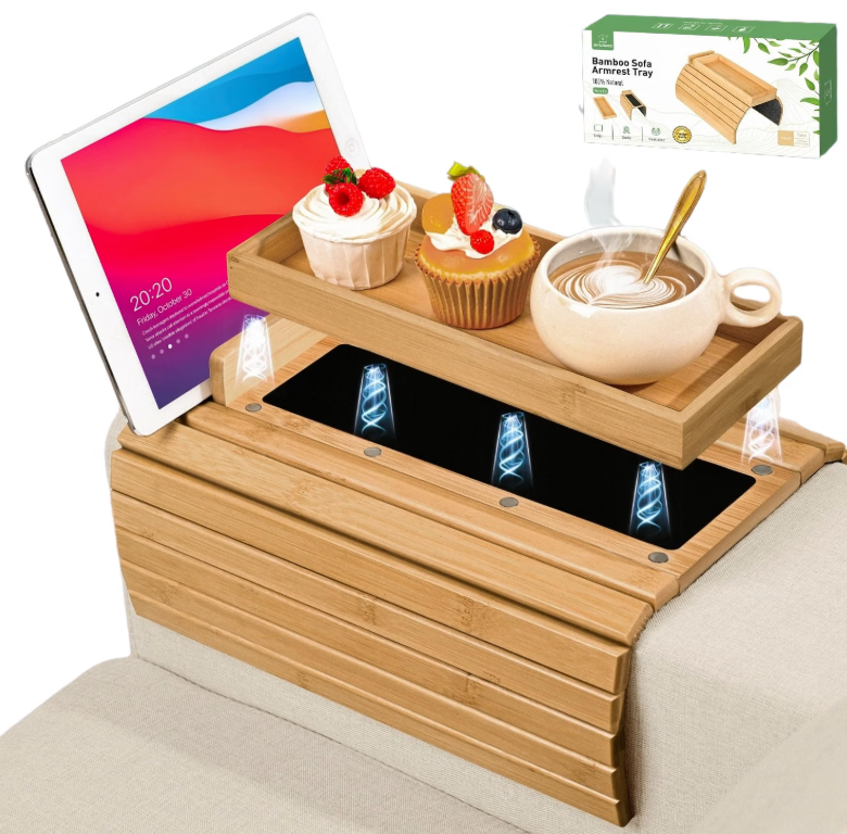 Joy&Grace Couch Arm Tray, 3in1 Magnetic Detachable Sofa Arm Table with Phone and Tablet Holder Bamboo Couch Cup Holder, Foldable Sofa Armrest Tray for Eating, Drinks, Phones (Natural)