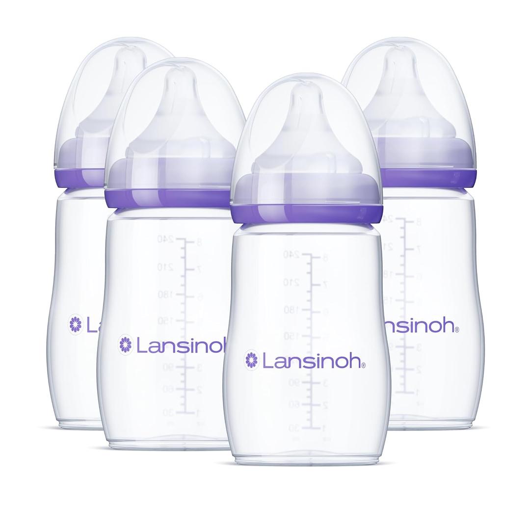Lansinoh Anti-Colic Baby Bottles for Breastfeeding Babies, 8 Ounces, 4 Count, Includes 4 Medium Flow Nipples, Size Medium