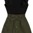 SHENHE 2pcs Girl's Skirt Outfits Ruffled Ribbed Cap Sleeve T Shirt and Button Down Tie Front Skirt Set (Black and Green) 12 Years