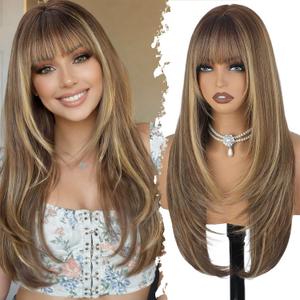XIXIBI Wig with Bangs for Women Brown Blonde Highlight Straight Face-Framing Layers Hairstyle 4x4 Realistic Scalp Glueless Synthetic Wigs 26Inches for Daily Party Use