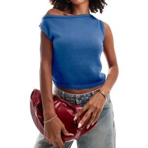 Women's Summer Fall Off The Shoulder Cropped Sweater Tops 2025 Casual Trendy Sleeveless Y2k Knit Tank Pullover (Blue, L)