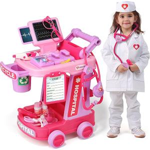 Liberry Doctor Kit for Toddlers Ages 2 3 4 5, Pretend Kids Doctor Playset with Cart, Costume and Stethoscope, Role Play Medical Toys Birthday Gift for Girls Boys (Pink)
