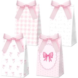 ojustbeok 24Pcs Pink Bow Favor Bags with Stickers Pink Bowknot Paper Gift Bags Bow Party Favor Candy Goody Bag for Girls Women Birthday Engagement Baby Bridal Shower Bachelorette Party Supplies