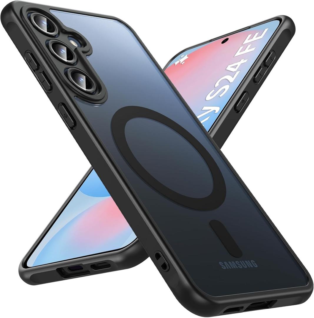 Fin2feel for Samsung Galaxy S24 FE Case, Compatible with MagSafe, Magnetic Military Shockproof Translucent Matte Back Phone Cover for Samsung Galaxy S24 FE (Black)