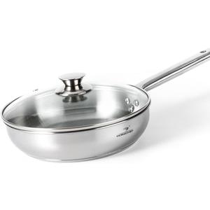 HOMICHEF 9.5 Inch Nickel Free Stainless Steel Saute Pan Induction Oven Safe - Premium Mirror Polished Stainless Steel Pan - Healthy Non Toxic Fry Pans