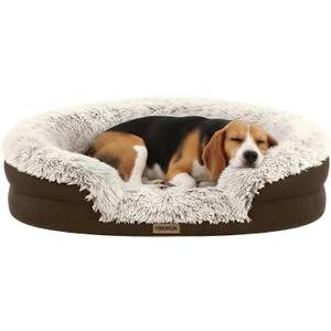 Fluffy Orthopedic Dog Bed for Small & Medium Dogs, Calming Plush Sofa Bed with Curved Bolster Support and Egg-Crate Foam Base, 35" Cozy Oval Pet Donut Bed with Washable Cover, Coffee