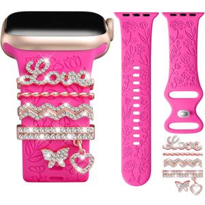 DaQin Flower Engraved Band Compatible with Apple Watch Bands for Women 40mm 38mm 41mm 42mm, Soft Silicone Strap With Dressy Decorative Apple Watch Charms for iWatch Series 11 10 9 8 7 6 5 4 3 2 1 SE Size: 38mm/40mm/41mm/42mm(Series 11 10)