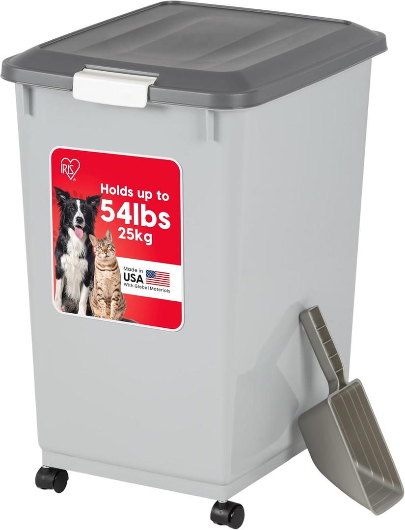 IRIS USA Dog Food Storage Container with Wheels, Airtight Lid, 2-Cup Scoop, Up to 54 Pounds Pet Food Storage, Built-in Scoop Storage in Lid, Versatile Pet Food Bin, Portable, BPA Free, Gray/Dark Gray