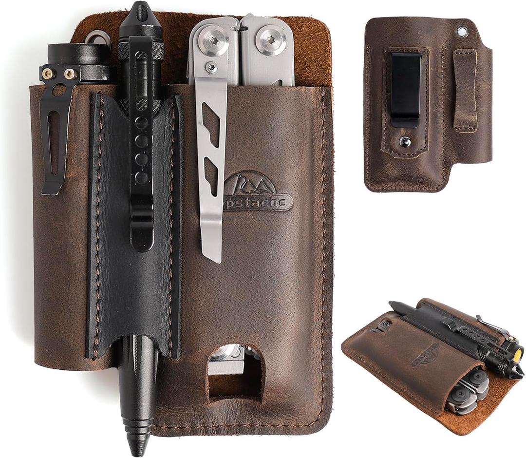 Topstache Leather Multitool Sheath with Belt Clip - Multitool Holster for Belt - EDC Belt Organizer Fits, Flashlight, Pen - Leather Pouch - Holder, Dark Brown