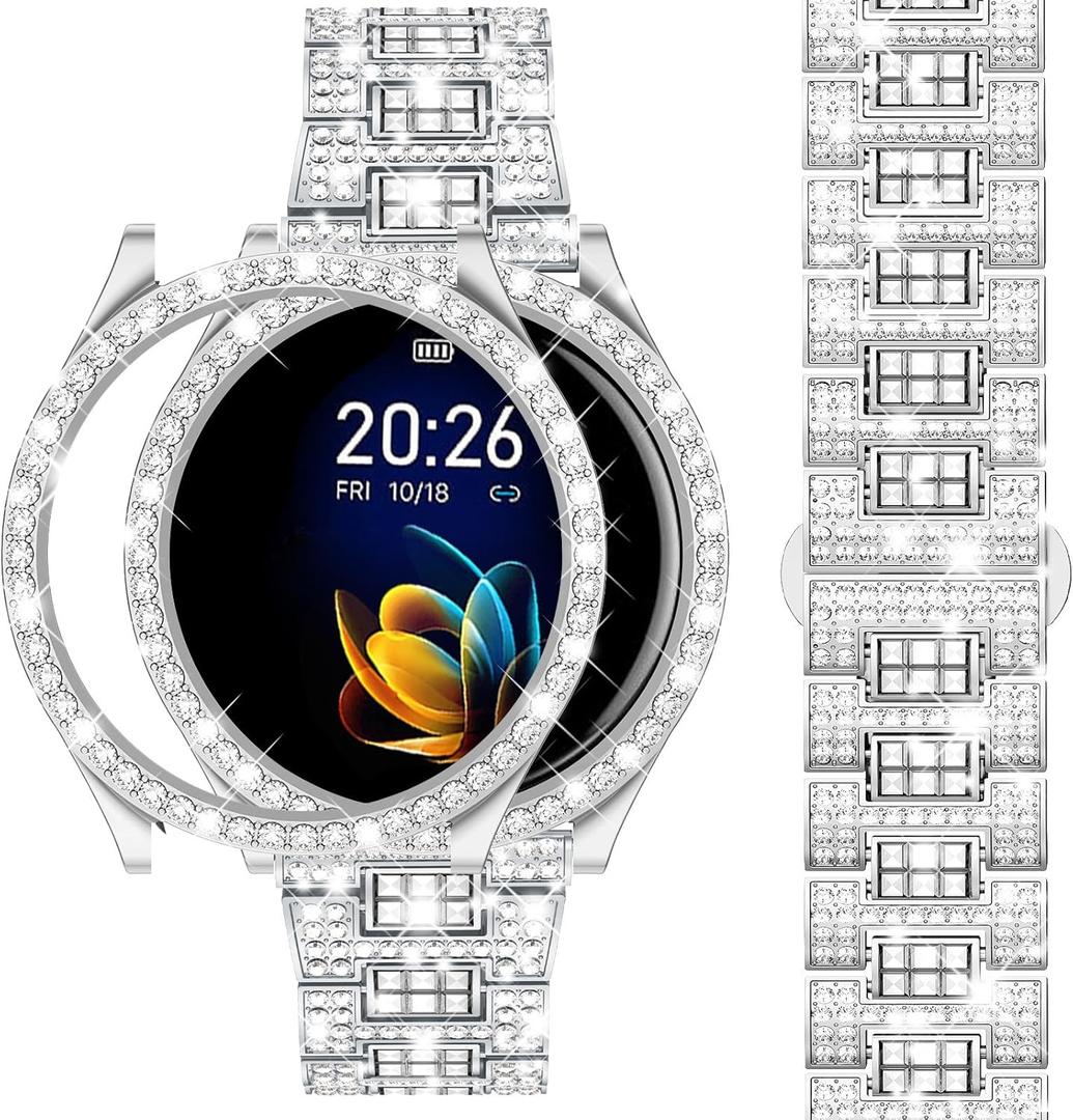 Dsytom Stylish Bands Compatible with Samsung Galaxy Watch 7/6 40mm 44mm, 20mm Bling Metal Replacement Galaxy Watch 7/6 Band 40mm 44mm with Rhinestone Protective Case for Women