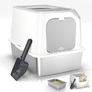 Enclosed Stainless Steel Litter Box, Large Metal Litter Box with Lid, Front & Top Entry, Odor Control & Dog Proof, Scratch-Resistant, Easy Clean (White)