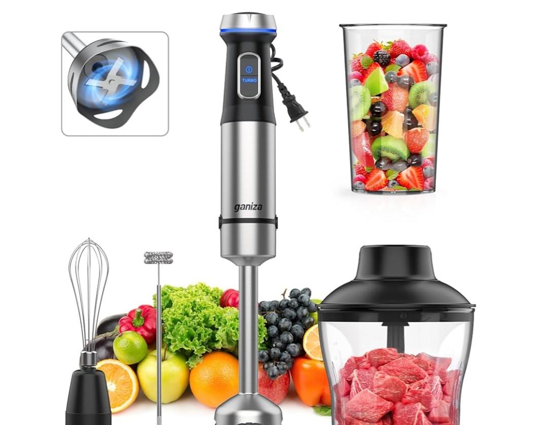Ganiza Immersion Blender 5 in 1 Hand Blender Max 1000W Heavy Duty Motor, 16 Speed Mode Handheld Blender Stainless Steel Blade With 800ml Mixing Beaker, 600ml Chopper, Whisk and Milk Frother