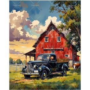 Farmhouse Paint by Numbers Kit for Adults - DIY Vintage Red Barn and Black Truck Painting on Canvas, Acrylic Paint Set, Suitable for Beginners, Art for Home Decoration or Gifts(16X20IN Framed)