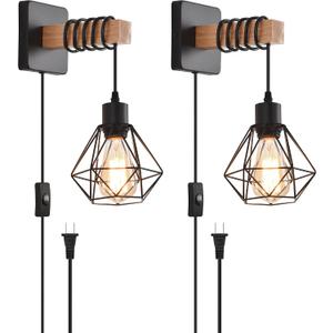 Rustic Wall Sconces Fixtures with Plug in Cord, Set of Two Indoor Vintage Rattan Wall Light Industrial Lamp Fixture Farmhouse Metal Sconces Light for Bedroom Bedside Living Room