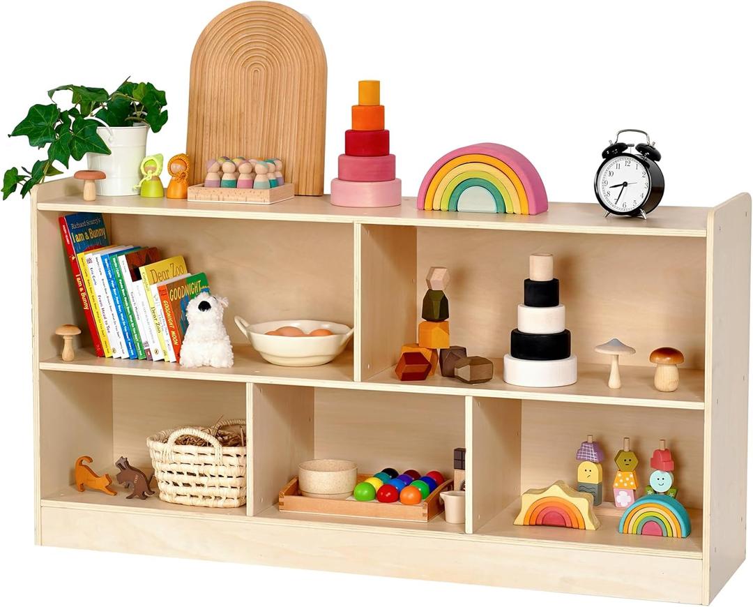 Wooden Toy Shelf for Kids, Montessori Book & Toy Organizer with Open Shelving, 5-Section Customizable Layout for Kids Room, Playroom & Classroom (Natural)