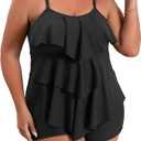 B2prity Women Plus Size Tankini Swimsuits Tummy Control Two Piece Bathing Suit Ruffled Flounce Swimwear with Shorts (Black)