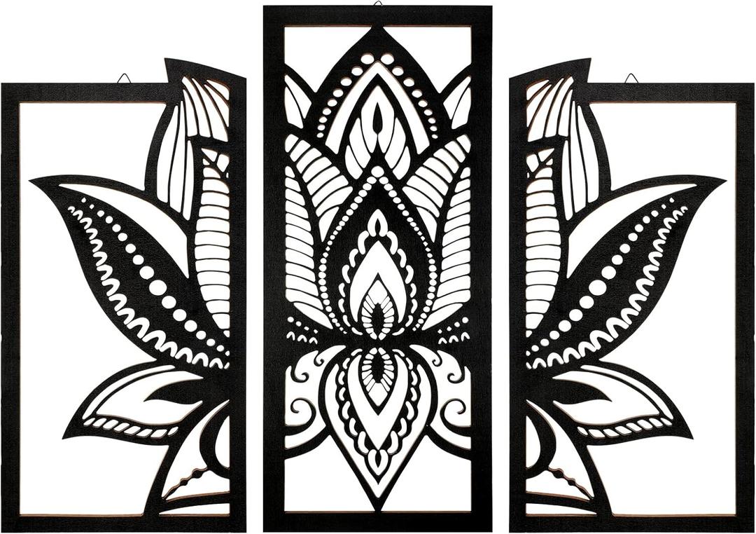 Maitys 3 Pieces Black Lotus Flower Wall Art Mandala Carved Wood Meditation Home Decor Wooden Mandala Wall Hanging Home Decoration Wooden Art Meditation Spiritual Decor