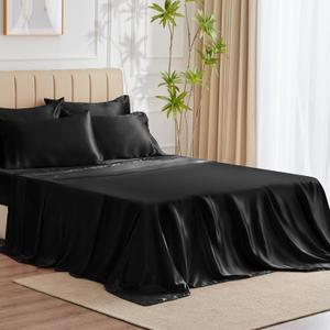 CozyLux Satin Sheets Queen Size - 6 Piece Black Bed Sheet Set with Silky Microfiber, 1 Deep Pocket Fitted Sheet, 1 Flat Sheet, and 4 Pillowcases - Smooth and Soft