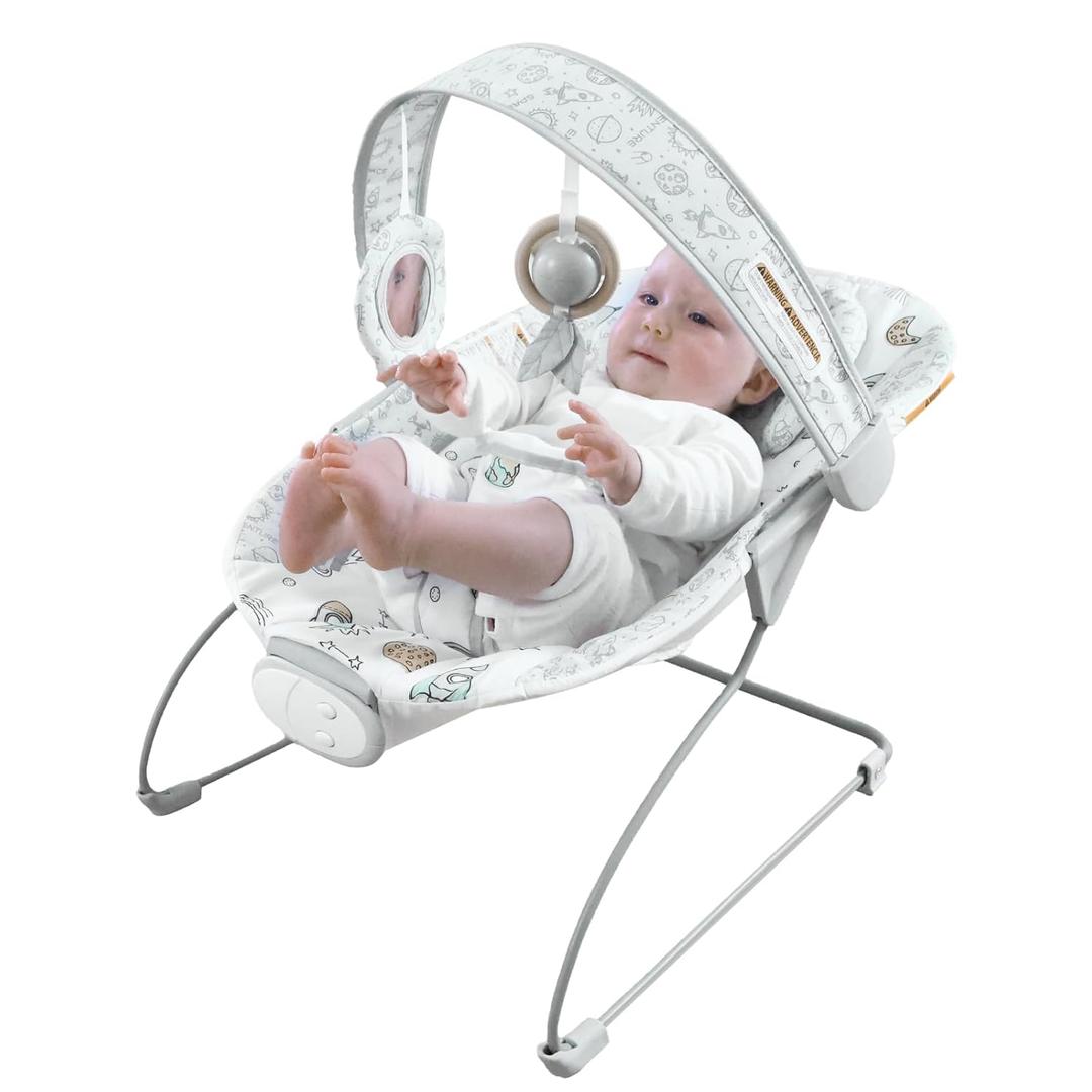 Portable Baby Bouncer Seat with 8 Melodies, 3 Vibration Levels & Adjustable Volume, Foldable Infant Bouncer Rocker with Safety Harness for Baby 0-6 Months, Indoor & Outdoor Use BR2403 (Grey Blue)