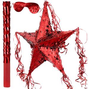 Hanaive Foil Star Piñata with Blindfold and Bat for Birthday Foldable Star Shape Piñata with Stick Festive Fiesta Party Supplies Favors for Mexican Party(Red)