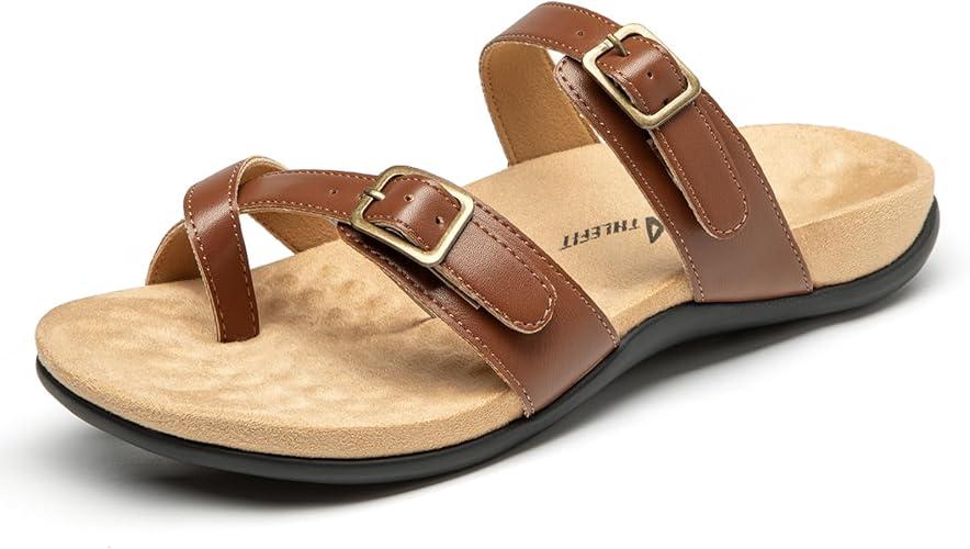 Athlefit Orthopedic Sandals for Women with Arch Support Adjustable Comfort Walking Orthotic Flip Flops, 7, Tan