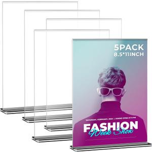 Tomorotec 5-Pack Acrylic Sign Holder 8.5’’x11’’ Vertical, T-Shape Double Sided Desktop Sign Holder, Menu/Document Display Stand for Restaurant, Office, Trade Show Exhibition, Black Base (Portrait)