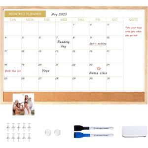 ARCOBIS Calendar Whiteboard with Cork Board, 36"x24" Wood Frame Dry Erase Calendar for Wall, Magnetic Monthly Combination Board for Home, Office, School, Kitchen, Beige