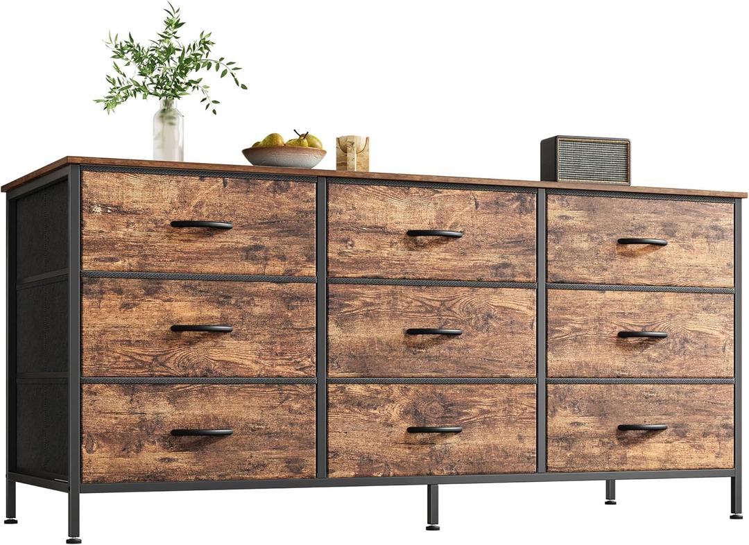 Huuger 9 Drawer Dresser, 47 Inch Dresser TV Stand for 50, 55 Inch TV, Entertainment Center with Drawers, Fabric Chest of Drawer for Bedroom, Closet, Rustic Brown
