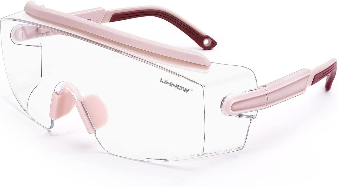 UKNOW Safety Goggles Over Glasses, Anti Fog Safety Glasses with Clear Wraparound Lens, ANSI Z87.1 Protective Eyewear (Pink)