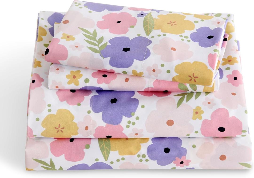 LONAVA Queen Sheet Set Kids - 4 Pieces Soft Microfiber Cartoon Style Bedsheets for Boys Girls Teens, Oeko TEX, Breathable Deep Pocket Sheets, (Flower)