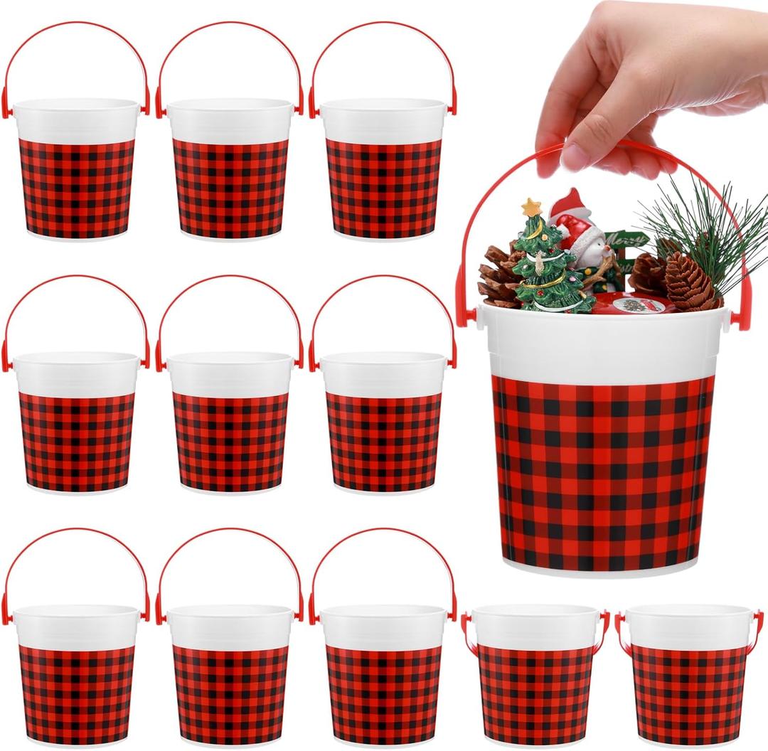 12 Pcs Christmas Plastic Bucket with Handle 4.69 x 3.78 x 4.8 Inch Treats Storage Pails 32 oz Red and Black Buffalo Plaid Candy Bucket for Xmas Winter Holidays Party Favors
