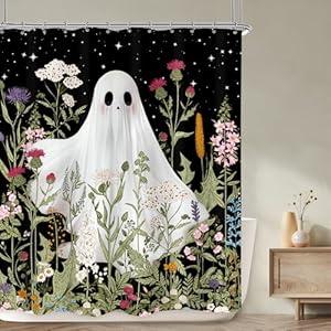 LGhtyro Funny Ghost Kids Shower Curtain Bathroom Set 60Wx71H Inches Halloween Spooky Wildflower Floral Rustic Plant Leaf Botanical Bath Accessories Starry Night Sky Art Home Decor Fabric 12 Pack Hooks
