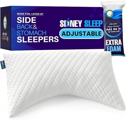 Sidney Sleep Pillow for Side and Back Sleepers - Comfort for Neck and Shoulder Pain - Adjustable Contour Fill - Queen Size - Extra Fill Included (White)