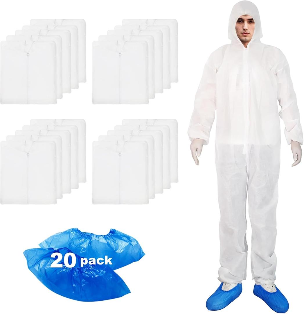 ETERNA Hazmat Suits- 20 Pack Disposable Protective Coveralls with Hood, Zipper, Elastic Wrists, Shoe Covers for Men & Women, Shield from Dirt, Dust, Paint (White, Large)