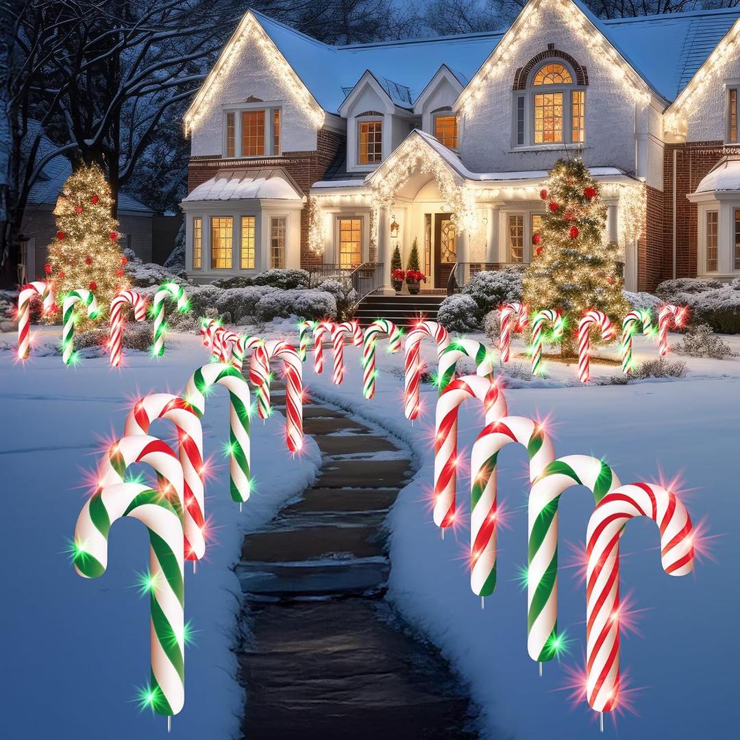12 Pieces 15" Christmas Candy Cane Yard Sign with Stake Light String Christmas Outdoor Decoration Large Waterproof Pathway for Yard Lawn Garden Driveway Walkway Xmas Holiday Decoration