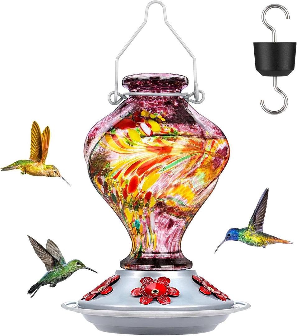 Hummingbird Feeder, BOLITE Glass Hummingbird Feeders for Outdoors Hanging, Hand Blown Twisted with Ant Moat, 5 Bee-Proof Ports, 360 Perch, Leak-Proof, 24oz, Purple, Gifts for Mom Dad Women Men