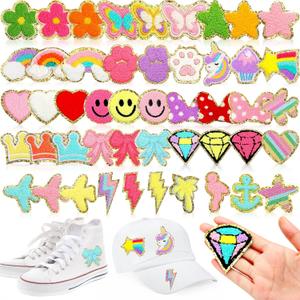 48 Pcs Iron on Patches Self Adhesive Chenille Patches for Backpacks Applique Patches Rainbow Heart Smile Face Star Flower Paw Embroidered Patch for Clothing Fabric Jackets Jeans Repair (Cute Style)