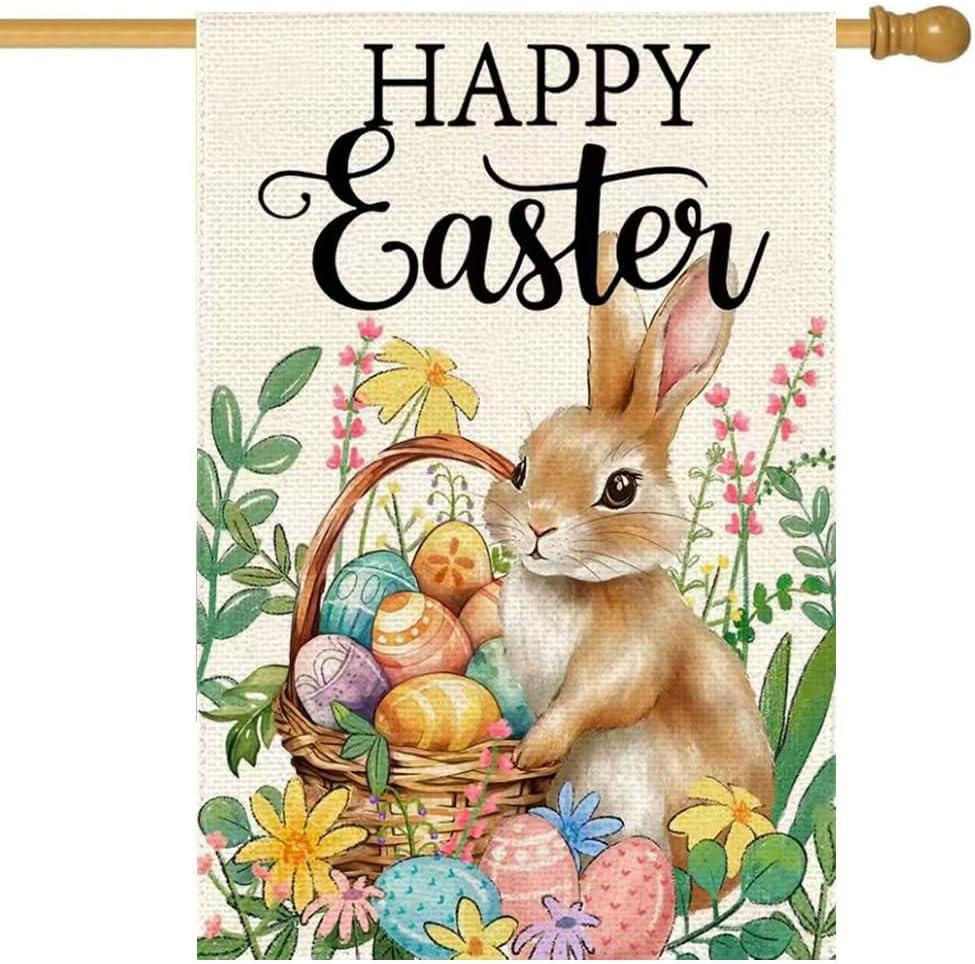 Happy Easter Bunny House Flag 28x40 Inch Double Sided Outside Rabbit Egg Floral Outdoor Large Garden Yard Flag Spring Seasonal Holiday Decoration