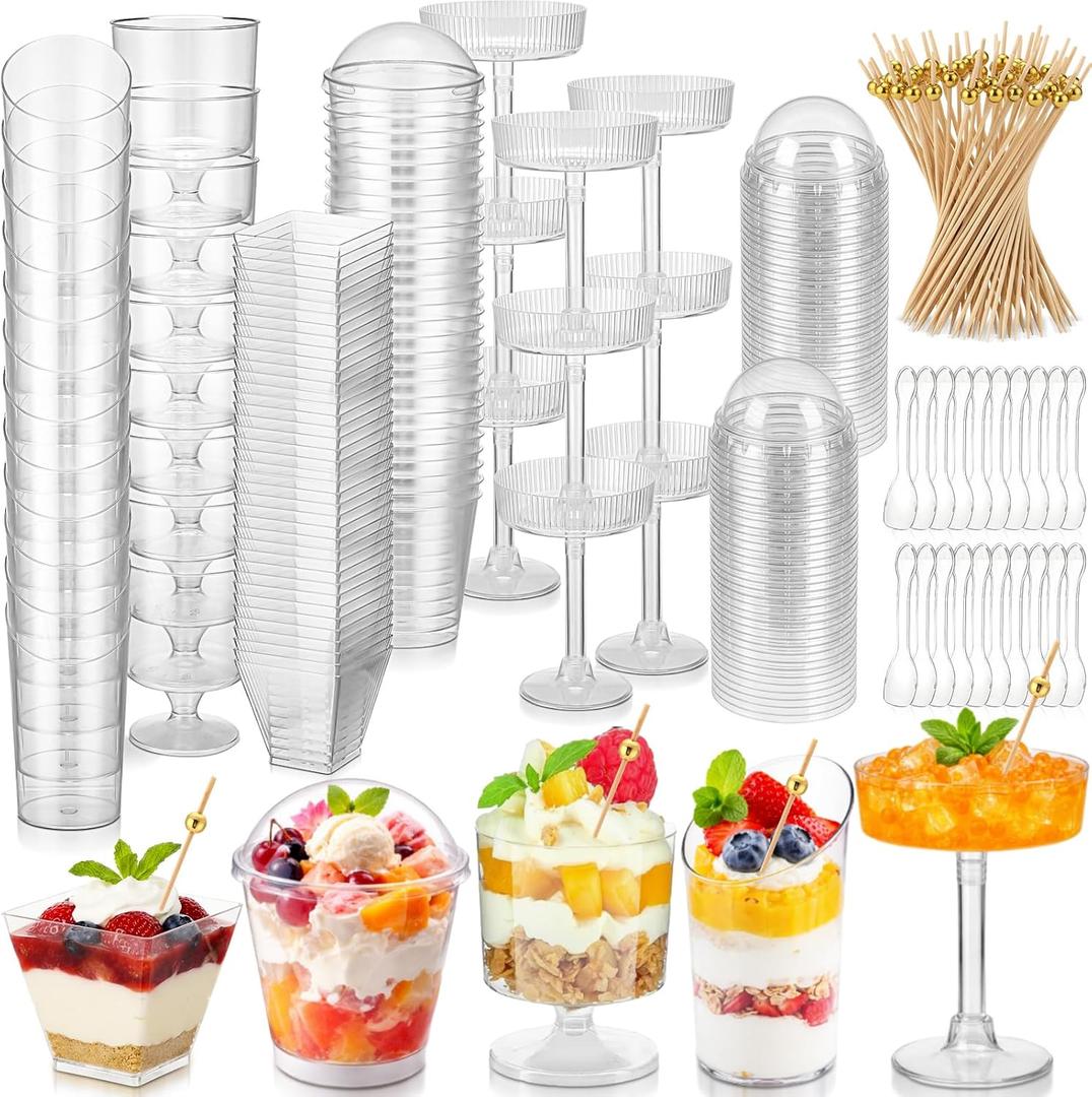 150 Pcs Plastic Dessert Cups with Spoons and Toothpicks, 2 to 7 oz 5 Styles Clear Mini Appetizer Cups Disposable for Serving Fruit Trifle Ice Cream Pudding Weddings Party(Clear, Elegant)