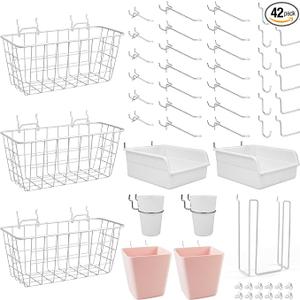 Pegboard Basket Organizers, Peg Board Large Baskets Hooks Bins Cups Tool Organizer 42 Pack Set, Wall Storage Display Hanging Accessories for Craft Office Stadio Shed Garage Organization (White & Pink)