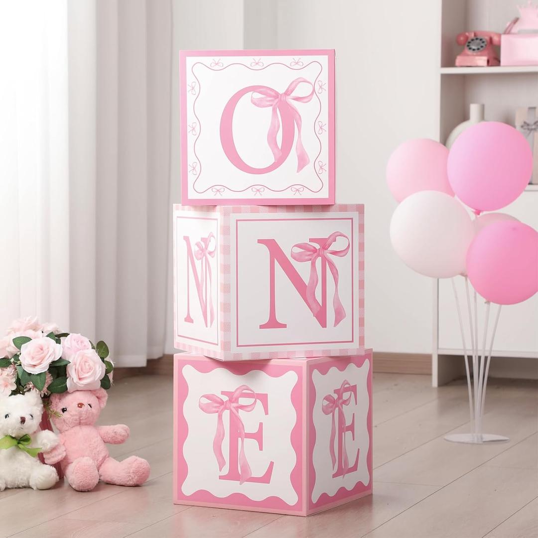 Weysat 3 Pcs First Birthday Decorations for Girl Pink Bow One Boxes for 1st Birthday Girl Coquette One Year Old Party Cardboard Box with Letters for Baby Shower Photoshoot Props Cake Smash Backdrop