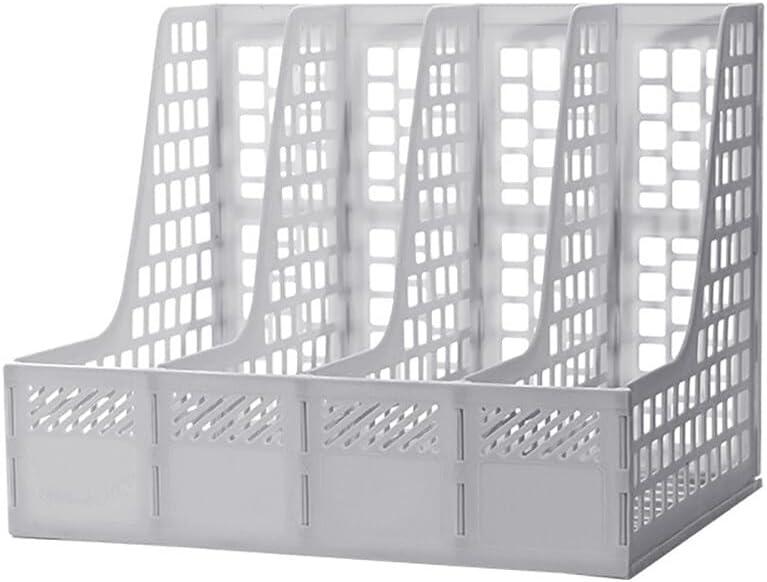 Magazine File Holder, Plastic File Folder Holder for Desk, Organizers and Storage File Folder for Office Organization, Binder Organizer with 4 Compartments Storage Organiser Box (Light gray)