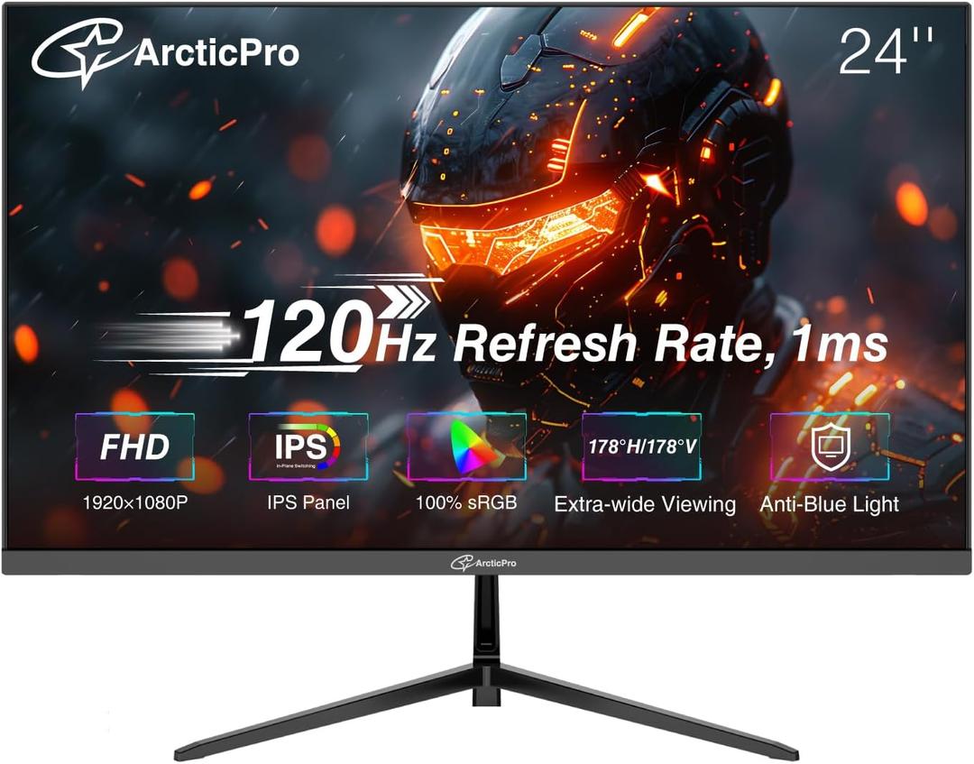 ArcticPro 24-inch Monitor 120Hz, FHD 1080p, Computer Monitor, IPS, 99% sRGB, Adaptive Sync, 1ms Response Time, 3-Sided Frameless, Ultra Slim, VESA Mountable, Anti-Blue Light Design, HDMI & VGA Ports