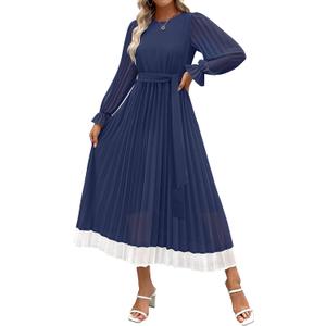 ZESICA Women's Spring Long Sleeve Chiffon Dress Casual Crew Neck Pleated A Line Flowy Midi Dresses with Belt (Medium)